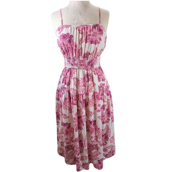 Old Navy Midi Dress Womens Sm Pink Linen Smocked Milkmaid Coquette Cottagecore - Picture 1 of 9